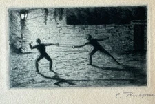 Cesar Knapen Etching Drypoint Sword Fight “Fencing” Signed Antique Romanian