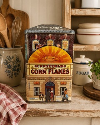 Vintage Sunnyfields Golden Corn Flakes Tin Silver Crane 1993 Farmhouse Kitchen
