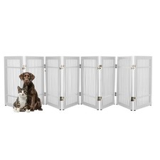 Dog Gate 8-Panel Foldable Pet Fence 146x24-Inch Extra Wide Wood Pet Gate, White