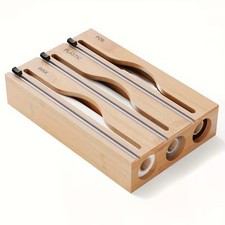 Bamboo Dispenser With Cutter For 12.5" Roll Foil Plastic Wrap, Foil Organizer