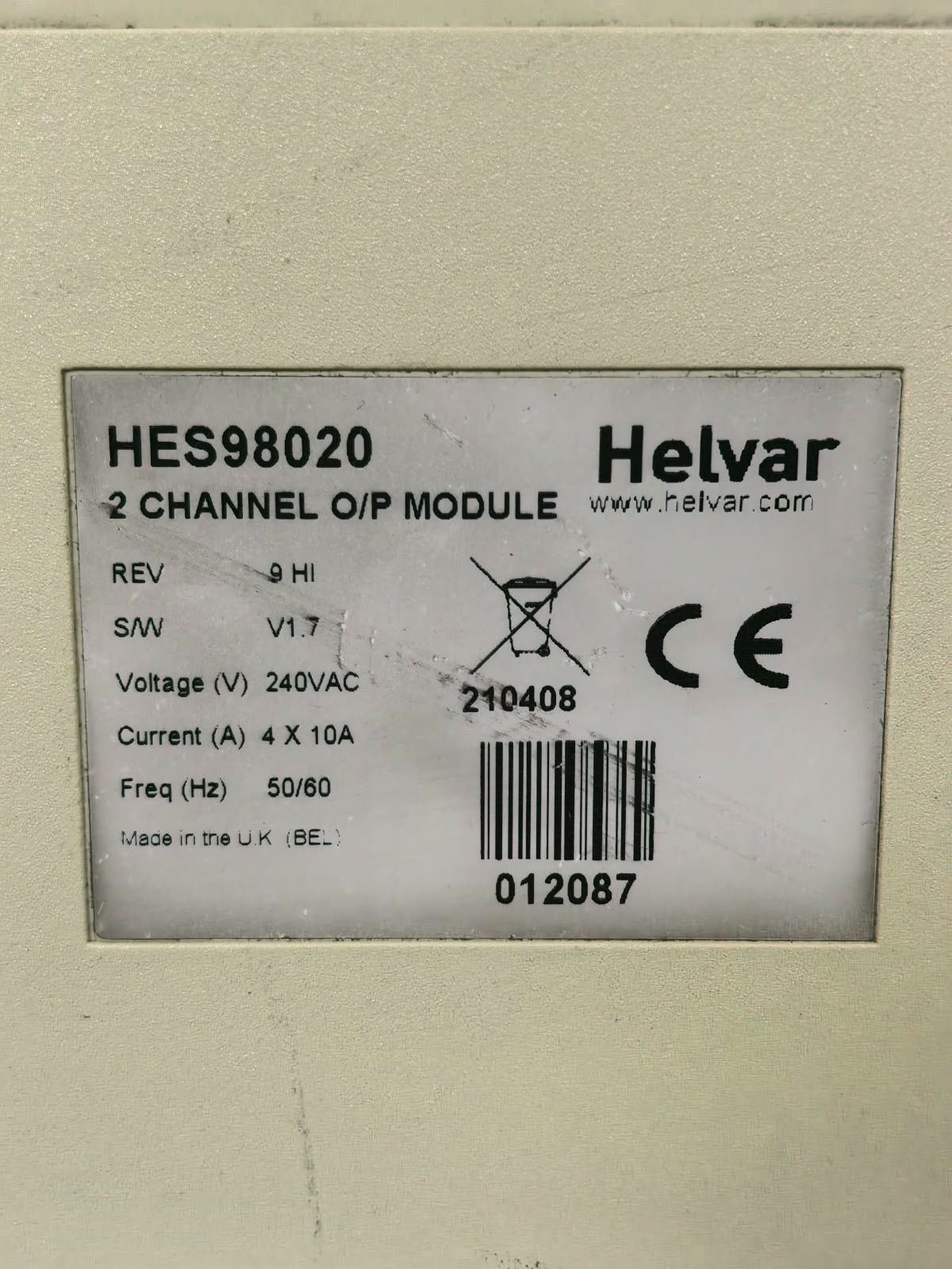 HELVAR HES98020 REV.9 HI S/W V1.7 HELVAR HES98020 REV.9 HI 2-CHANNEL O/P MODULE S/W V1.7 240VAC 7
