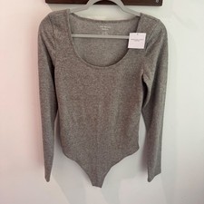American Eagle Long Sleeve Scoop Neck Bodysuit Heather Gray NWT Large