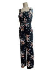 Women's Stylish Black Floral Print Jumpsuit With Tied Waist Accent Size Med
