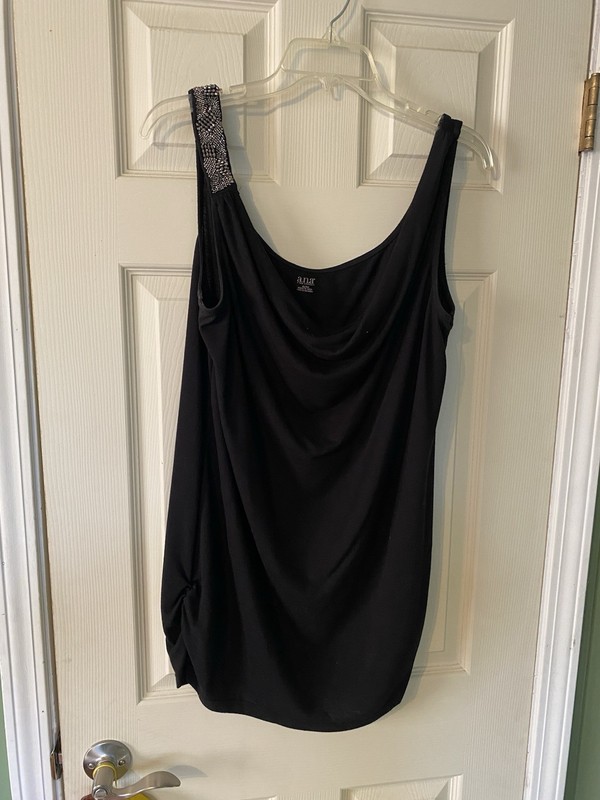 ANA Black Sleeveless Top w Embellished beaded Strap cowl neck XL Shirred sides