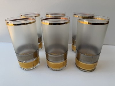 6 Culver Gold Silver Striped Frosted Highball Collins Drinking Glasses Signed