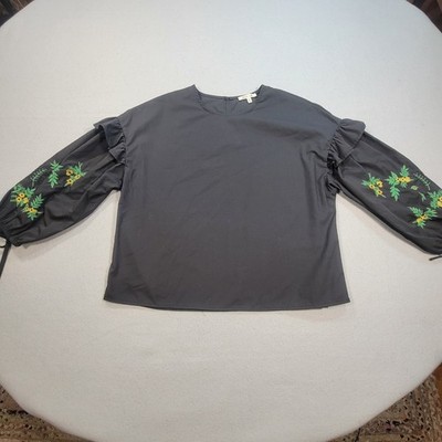 Bleuh Ciel Embroidered Puff Sleeve Blouse Womens S Black Floral Boho Festival