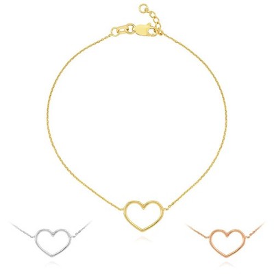 14K Yellow White Rose Gold 0.8mm Cable Open Heart Charm Bracelet (Solid Links) 7