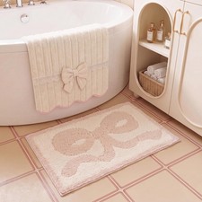 Blush Pink Bow Bathroom Rug 16x24 Inch Heart Microfiber NonSlip Bath Mat