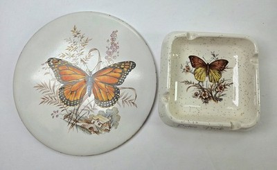 2 Pc. Monarch Butterfly Lot Trivet & Speckled Ashtray Vtg Boho Ceramic 1970s
