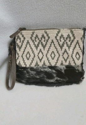 Myra Wristlet Bag White Brown Cow Hide Hair On Clutch Wallet Pouch Makeup *FLAW*