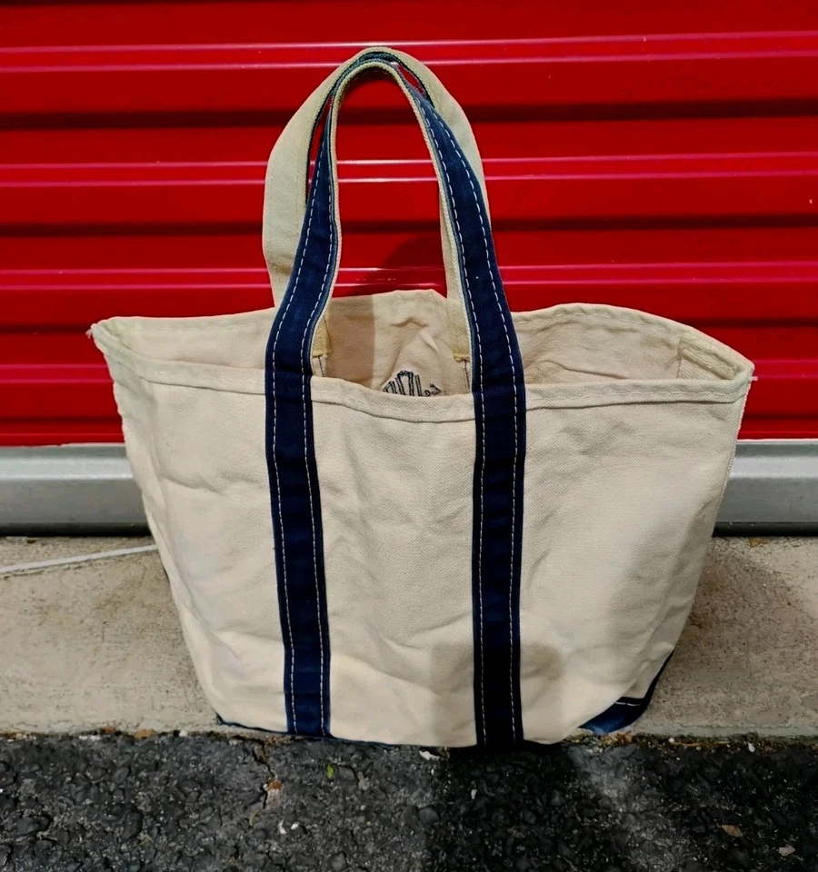 Vintage Boat & Tote LL Bean Cotton Canvas Shopper 10x17x5 Navy Ivory "JVF" - Image 2 of 4