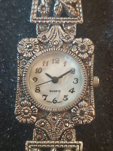 Vtg Floral Marcasite Watch Womens Silver Mother Of Pearl Dial New Battery 6.75"