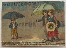Antique J&P Coats Thread Trade Card Humorous Unsewn Umbrella Cartoon Ad