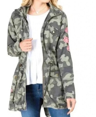 Francesca's Blue Rain 100% Cotton Camo jacket With Floral Embroidery Sz Lg