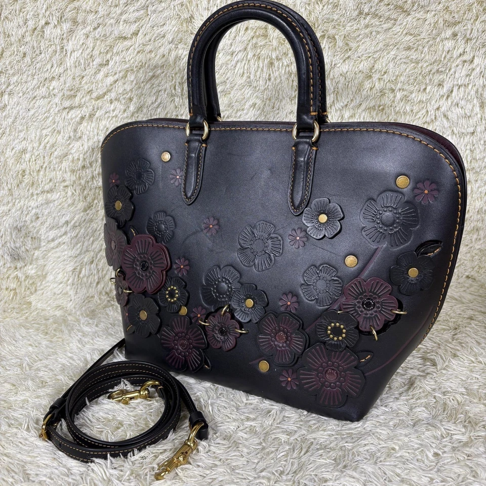 Coach Tea Rose Dakota 2Way Shoulder Bag Black Leather Flower Appliqué Handbag - Image 2 of 4