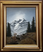Vintage Original Bighorn Sheep Mountain Oil Painting on Canvas Signed Ida Bushey