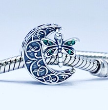 Crescent Moon Dragonfly Charm Bead Insect Wing Genuine 925 Sterling Silver 💖