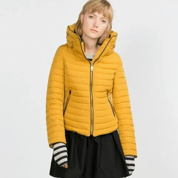 ZARA yellow mustard Quilted Puffer Padded Coat Faux f… Gem