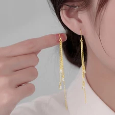 Women Silver Plated Tassel Waterdrop CZ Threader Dangle Drop Earrings PE64