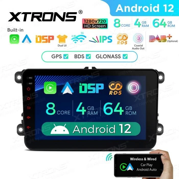 AUTORADIO ANDROID 12 4/64GB STEREO AUTO VOLKSWAGEN SEAT SKODA GOLF POLO XTRONS - Immagine 3 di 4