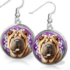 Chinese Shar-Pei Puppy Dog Faux Stained Glass Art Print Earrings .925 Sterling
