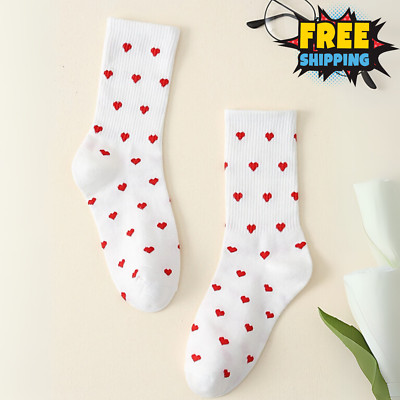 White Socks Heart Pattern Shape Retro Crew Athletic Calf Tube Socks for Women