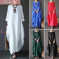 Women Vintage Kaftan Crew Neck Loose Casual Cotton Oversized Long Maxi Dress NEW
