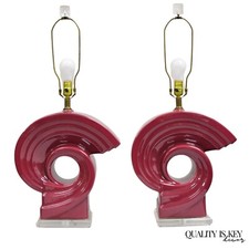 Vintage Postmodern Cranberry Red Sculptural Snail Scroll Ceramic Table Lamp Pair