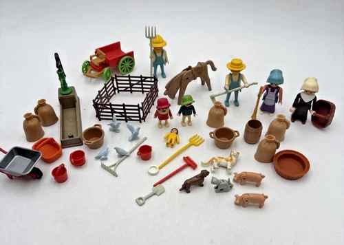 Vtg 1980s Playmobil Prairie Farm Figures Wagon Fencing Birds Pigs Animals MORE