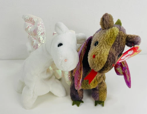 Ty Beanie Babies Scorch 1998 and Magic 1995 The Dragon Plush Toys with Tags Vtg