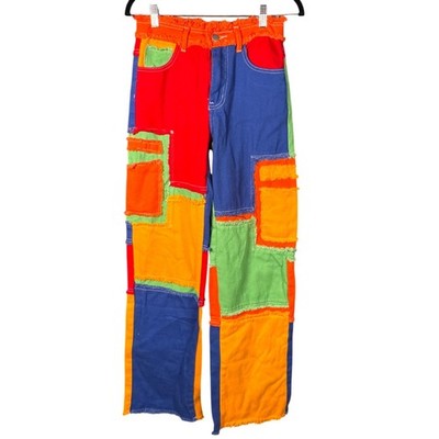 Y2K Patchwork Jeans Women XS Colorblock Frayed Straight Leg Artsy 90s Hip Hop