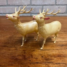 Vintage White Celluloid Reindeer Lot 2 Christmas Decor 5" Red Eyes - Japan