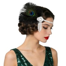 1920s Gatsby Peacock Feather Headpiece, Roaring 20s Flapper Peacock Black