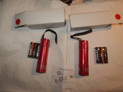 LOT of TWO (2) Red Metal LED 3.5'' Flashlights w/Batteries, Strap & Orig. Box