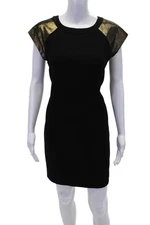Trina Turk Women's Round Neck Sleeveless Mini Shift Dress Black Gold Size 4