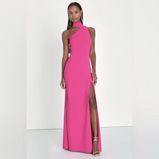 Lulus Keep It Interesting Hot Pink Asymmetrical Halter Maxi Dress Size XS NWT
