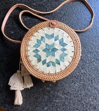 Round Woven Straw Raffia Mother Of Pearl Inlay Crossbody Bag Leather Strap Brown