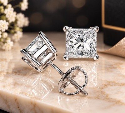 925 Sterling Silver Lab Created Moissanite Prong Set Princess Cut Stud Earrings