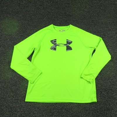 Under Armour Shirt Boys Large Neon Green HeatGear Long Sleeve Big Logo Athletic