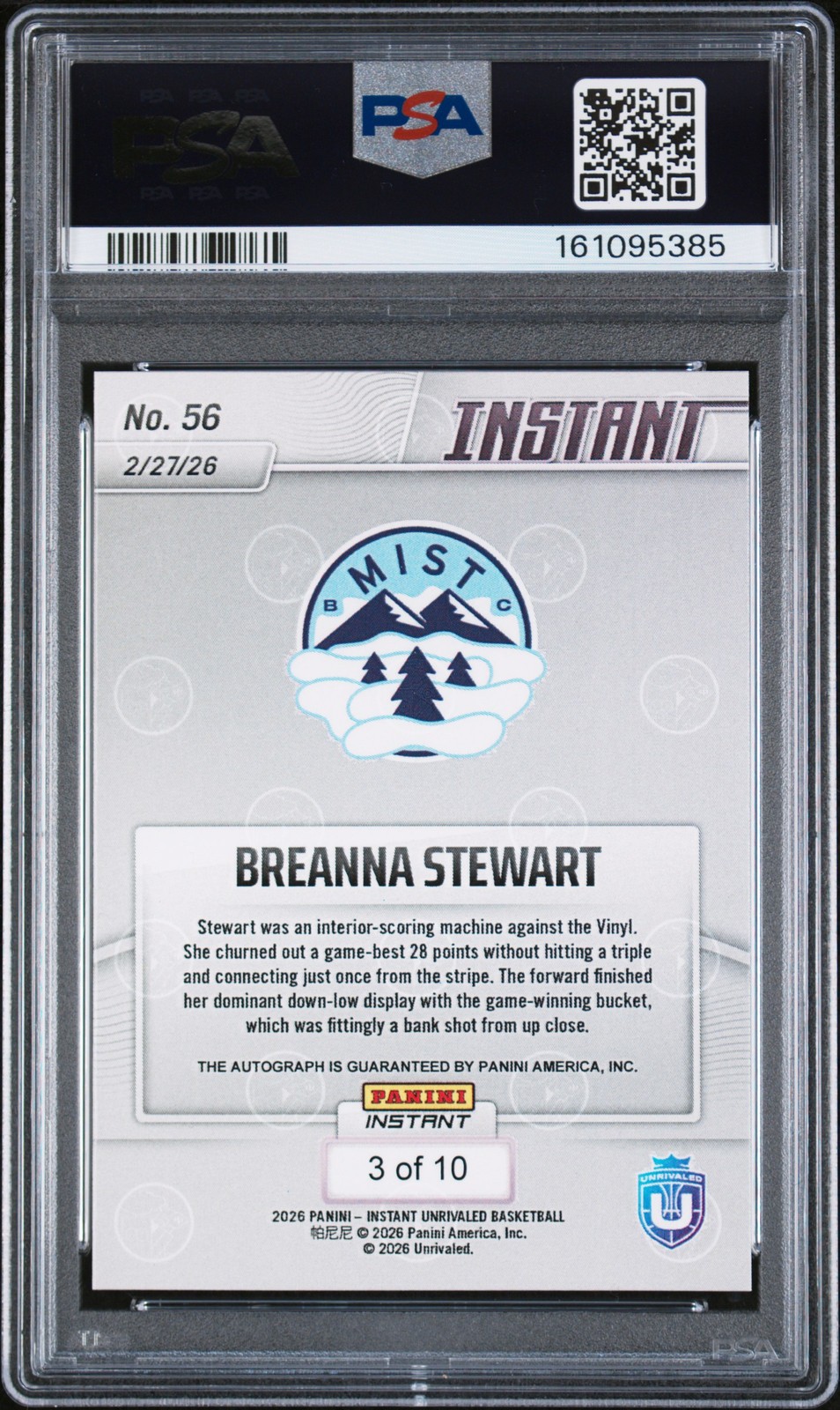 2026 PANINI INSTANT UNRIVALED AUTO-GOLD #56 BREANNA STEWART 3/10 PSA 10 AUTO 10 view 2