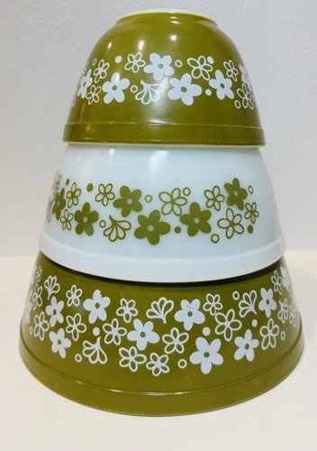 Set/3 PYREX Spring Blossom Crazy Daisy Green Nesting Mixing Bowls #s 401-402-403