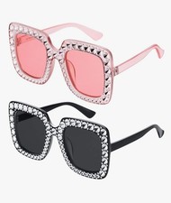 Rhinestone Oversized Square Sunglasses Pink Black Rhinestone Women 2pk