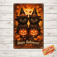 Spooky Halloween Pumpkin Cats Vintage Metal Tin Sign 8x12