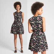 Gap Black Floral Fit and Flare Dress | 6 Petite, Sleeveless Cotton Sun Dress