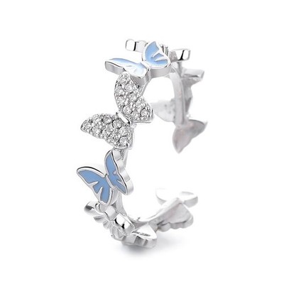 Sky Blue Butterfly Wrap Around Ring with CZ Adjustable Open Cuff Insects Eter...