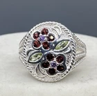 Vtg Sterling Silver Floral Flower Gemstone Ring Garnet Peridot Amethyst Sz 6.75