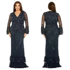Mac Duggal Midnight Blue V-neck Embellished Long Sleeve Gown Size 14W 698