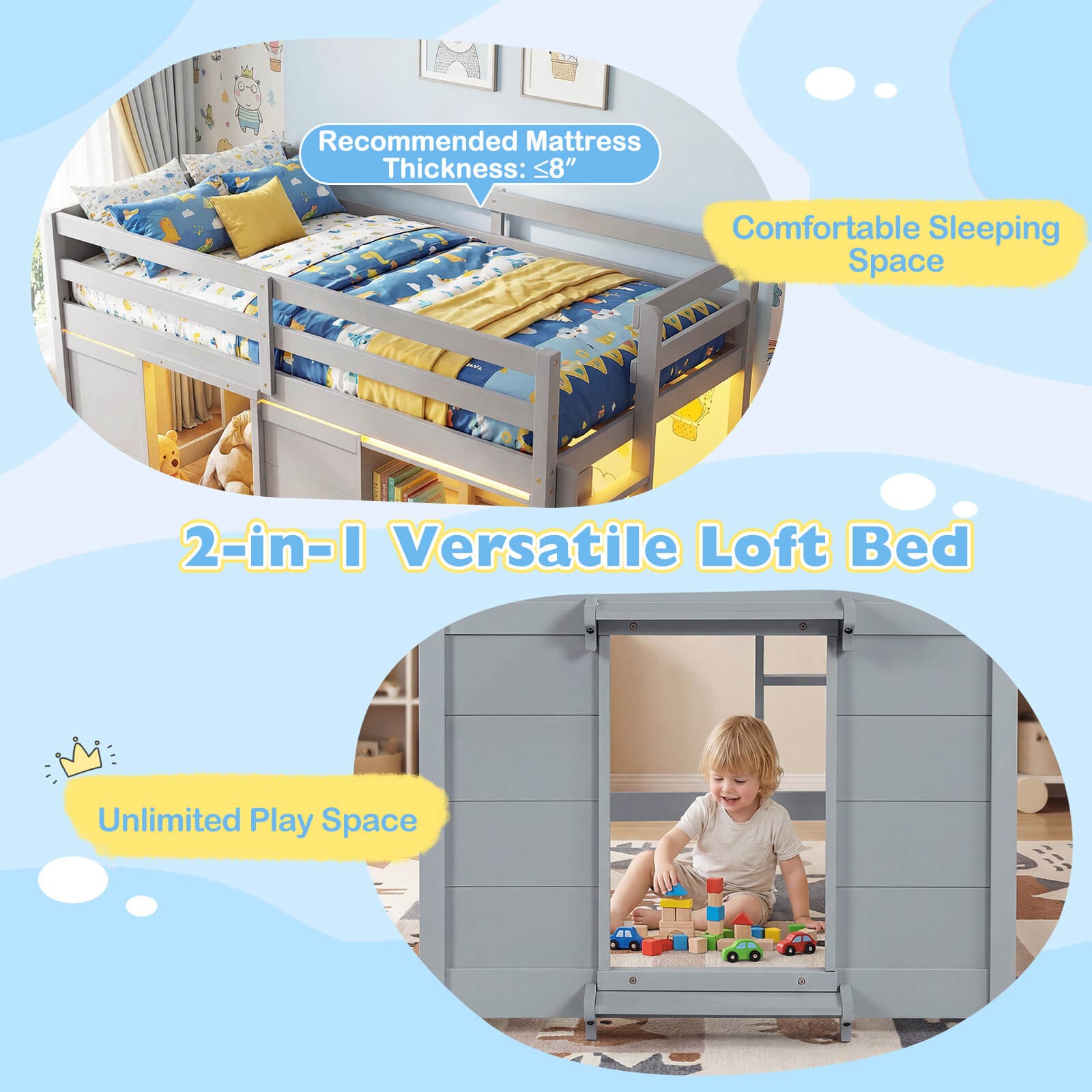 Twin Size Loft Bed w/LED Lights for Kids, Wooden Low Kids Loft Bed w/2 Doors