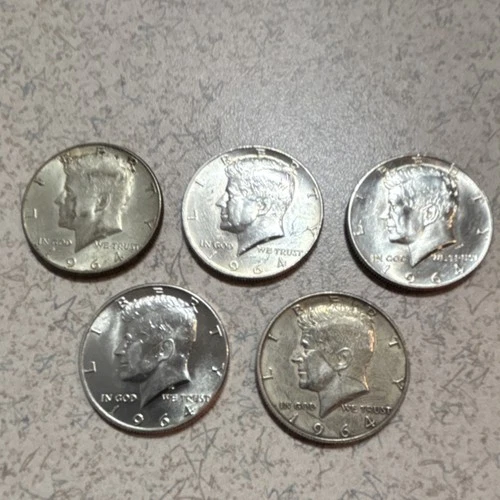1964 Kennedy Half Dollar Silver Coins Lot of 5, 50C, .900 Fine