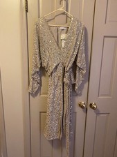 ASOS Cream Sequin Wrap Waist Long Sleeve Midi Dress Size 12